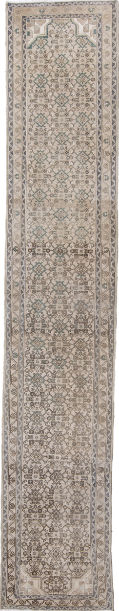 2' x 13' one-of-a-kind handmade vintage Hamadan runner rug. Color palette: black, brown, dim gray, gray, light gray