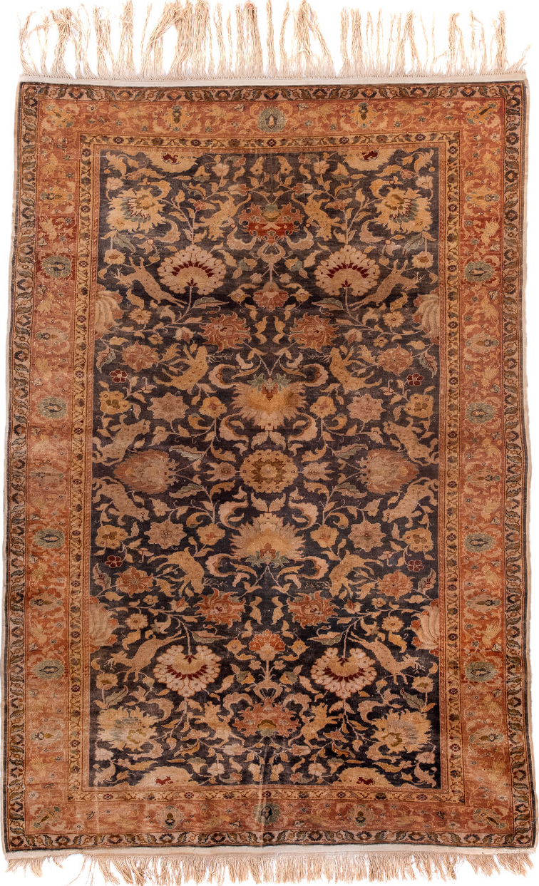 4' x 6' one-of-a-kind handmade vintage Kaisary small size rug. Color palette: gray, pink, brown, off-white, orange, black
