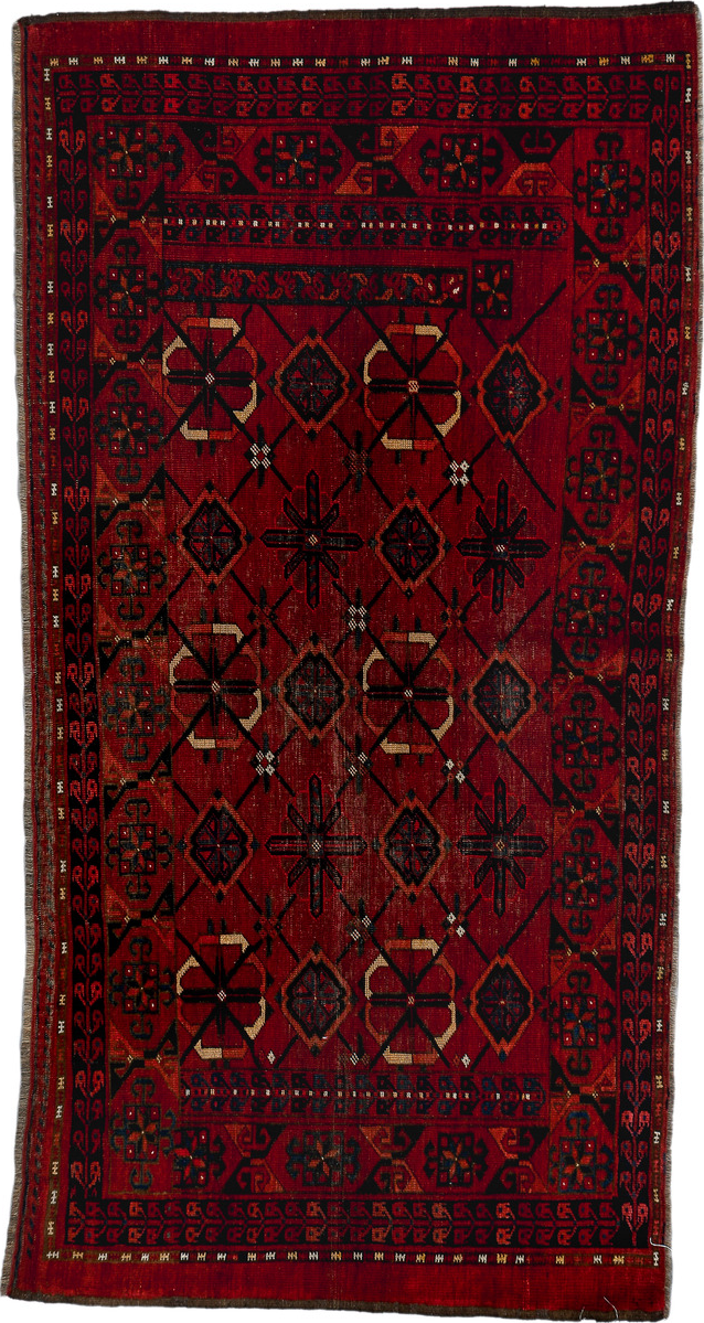 3' x 6' one-of-a-kind handmade vintage Torkaman small size rug. Color palette: brown, gray, light gray, off-white, pink, red