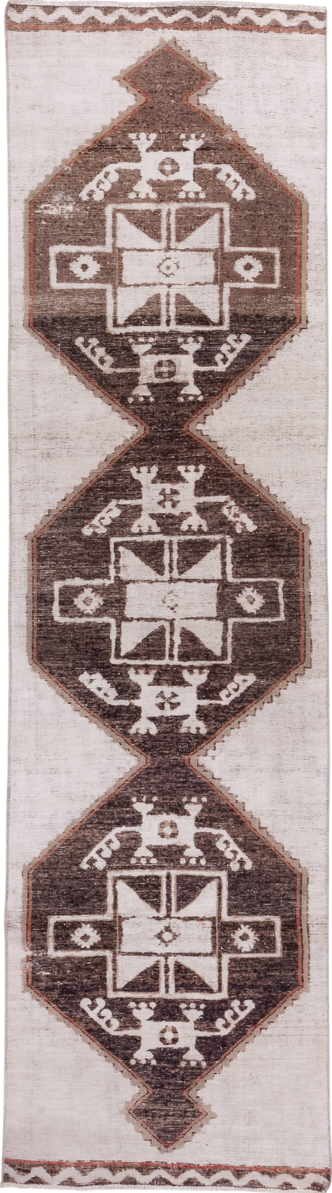 3' x 11' one-of-a-kind handmade vintage Oushak runner rug. Color palette: brown, gray, light gray, off-white, pink, silver