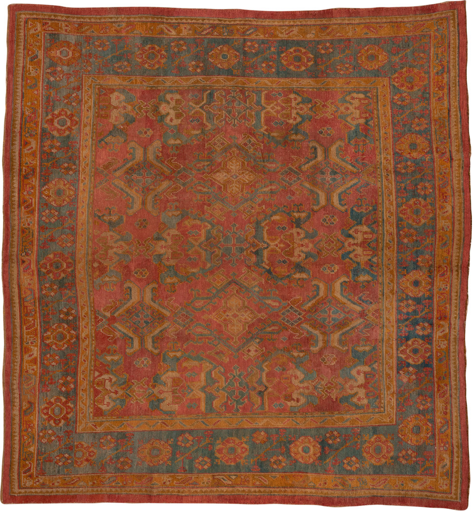 10' x 11' one-of-a-kind handmade vintage Oushak large size rug. Color palette: brown, gray, pink, saddle brown, sienna