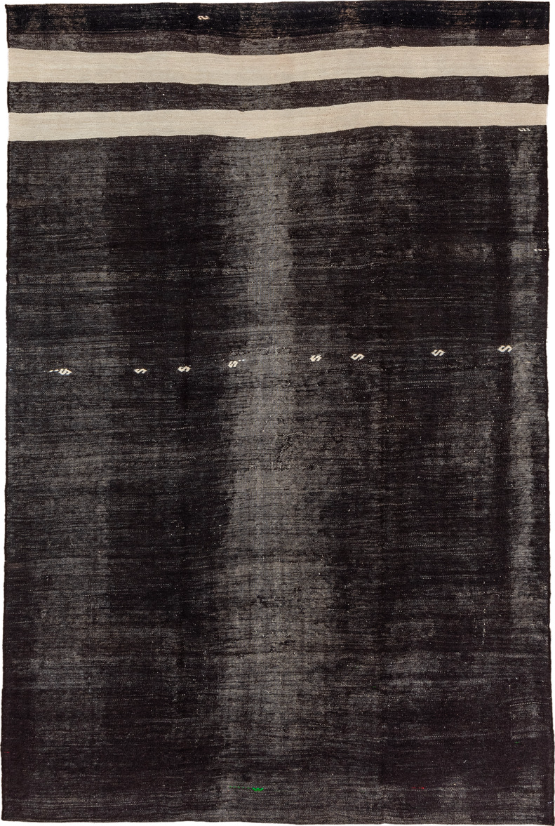 7' x 11' one-of-a-kind handmade vintage Kilim large size rug. Color palette: black, charcoal, dim gray, gray, light gray