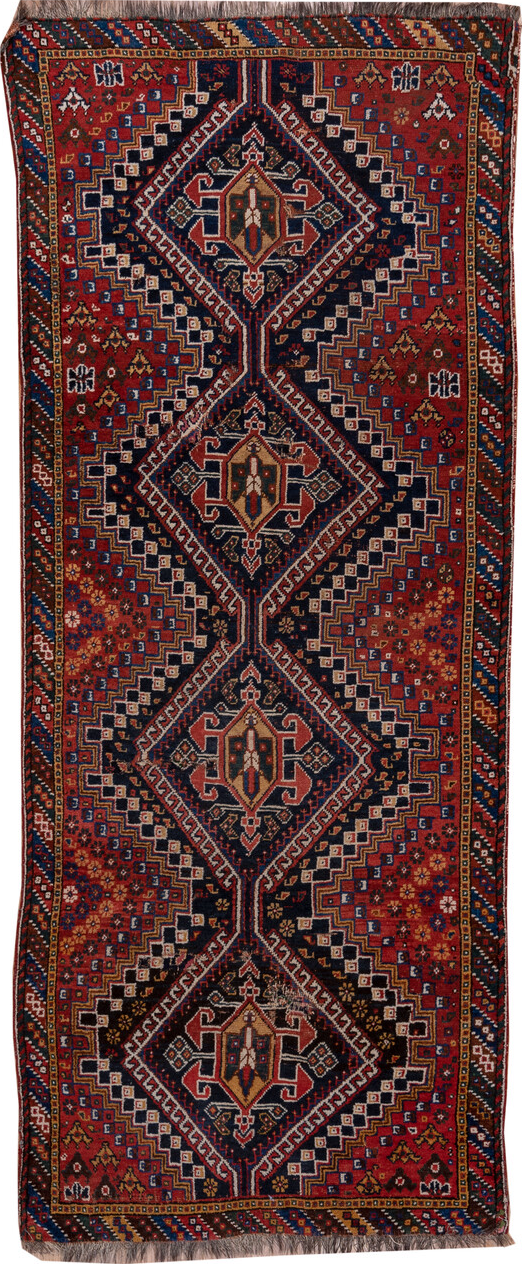 3' x 9' one-of-a-kind handmade vintage Shiraz runner rug. Color palette: black, blue, brown, fiord, gray, pink, red