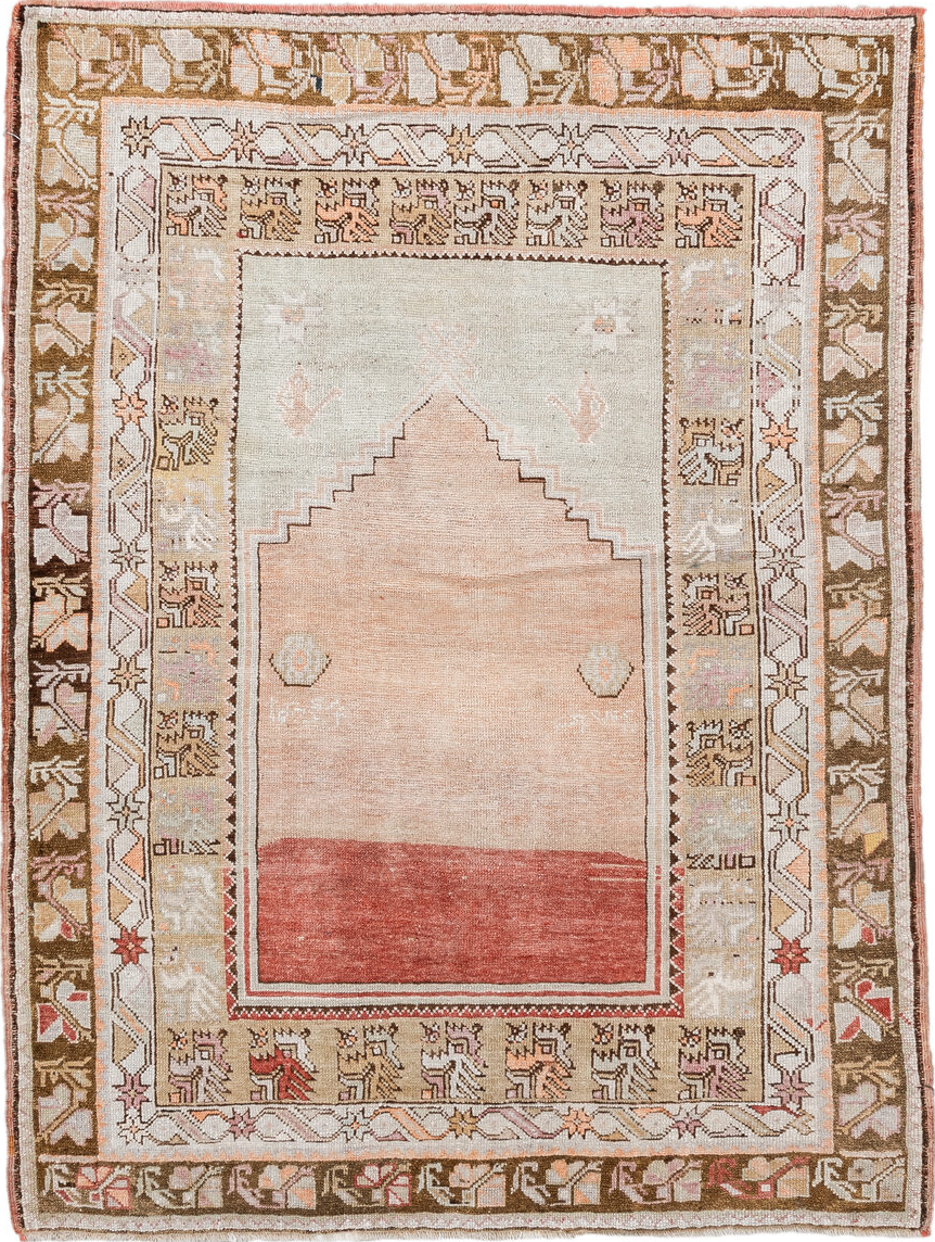 3' x 5' one-of-a-kind handmade vintage Anatol small size rug. Color palette: antiquewhite, brown, gray, light gray, linen