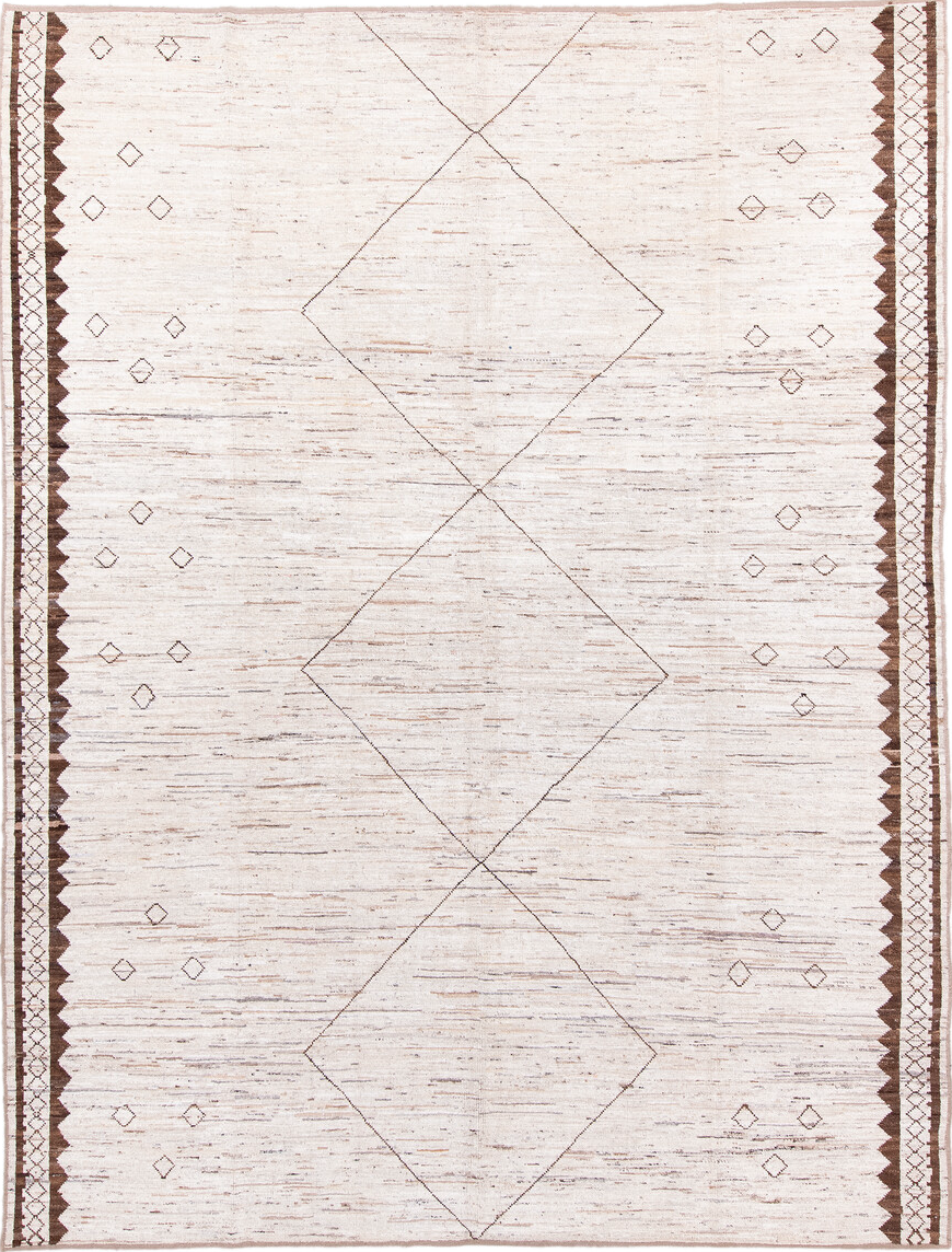 9' x 12' one-of-a-kind handmade vintage Tulu large size rug. Color palette: brown, gray, lavender blush, light gray, linen