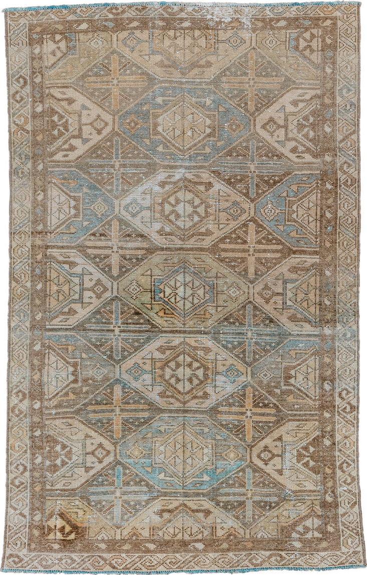 3' x 6' one-of-a-kind handmade vintage Baktiary small size rug. Color palette: brown, gainsboro, gray, light gray, off-white