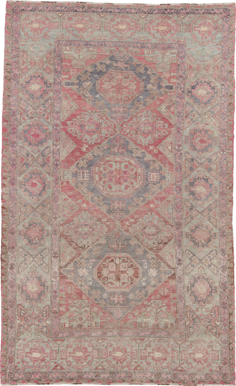 6' x 11' one-of-a-kind handmade vintage Sumak large size rug. Color palette: pink, gray, light gray, off-white, rosy brown