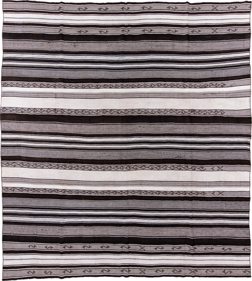 12' x 13' one-of-a-kind handmade vintage Flatweave oversize rug. Color palette: gray, off-white, light gray, pink, black