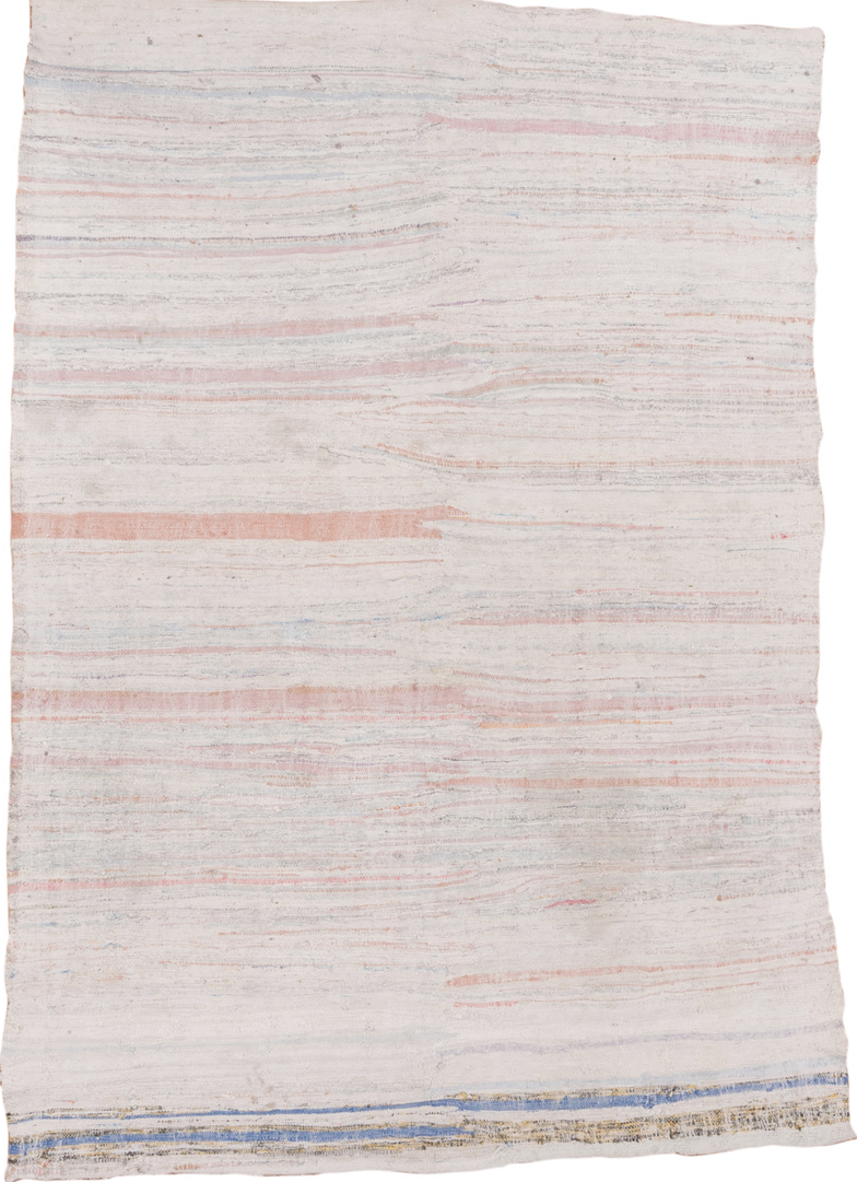 5' x 7' one-of-a-kind handmade vintage Rag Rug rug. Color palette: brown, dark gray, gainsboro, gray, light blue, light gray