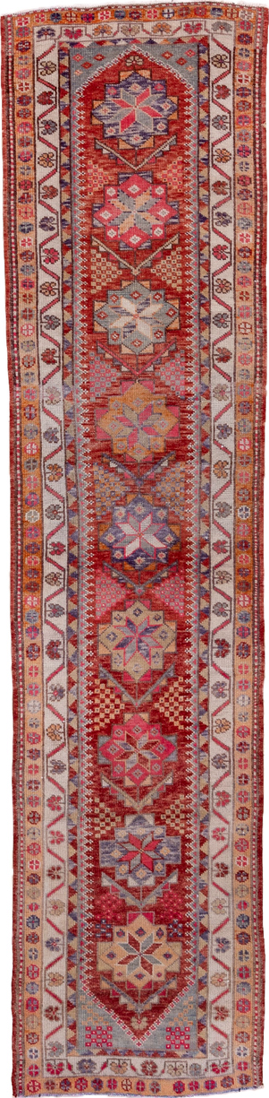 2' x 11' one-of-a-kind handmade vintage Oushak runner rug. Color palette: brown, dark salmon, gray, indian red, light gray