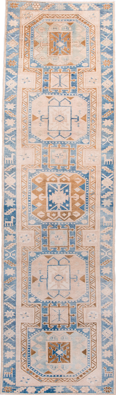 2' x 10' one-of-a-kind handmade vintage Heriz runner rug. Color palette: antiquewhite, blue, brown, dark gray, gainsboro
