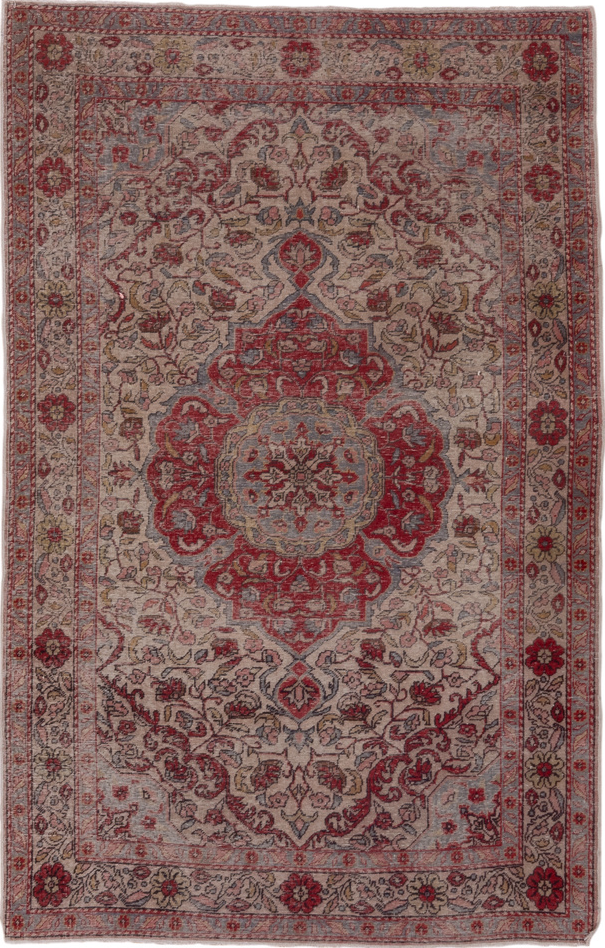 4' x 7' one-of-a-kind handmade vintage Sivas rug. Color palette: brown, gray, light gray, off-white, pink, red, redwood