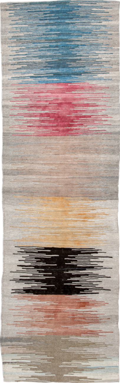 2' x 11' one-of-a-kind handmade vintage Kilim runner rug. Color palette: red, pink, gray, black, light gray, off-white, blue