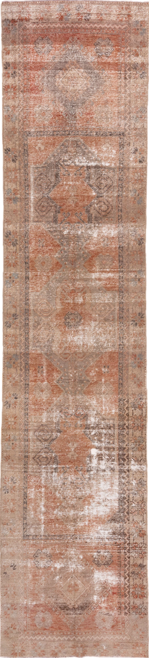 3' x 15' one-of-a-kind handmade vintage Oushak runner rug. Color palette: brown, gray, light gray, off-white, orange, pink