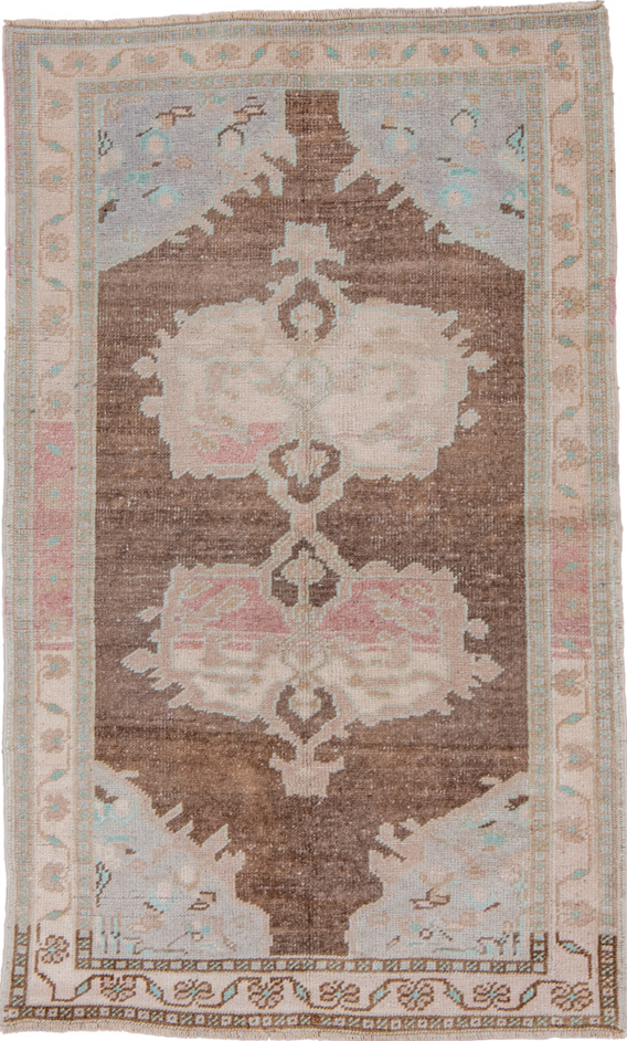 3' x 5' one-of-a-kind handmade vintage Oushak small size rug. Color palette: brown, dark gray, gray, light gray, off-white