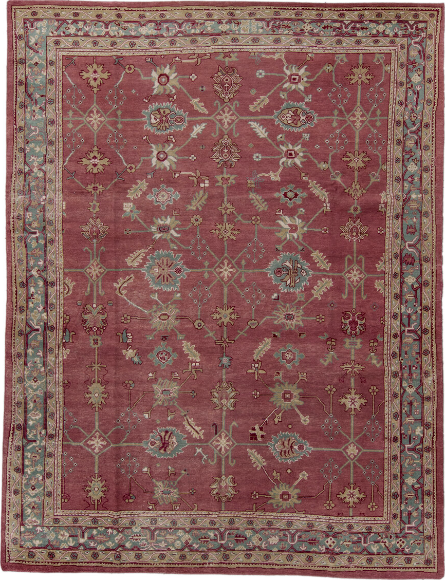 9' x 12' one-of-a-kind handmade vintage Oushak large size rug. Color palette: brown, gray, light gray, off-white, pink, red