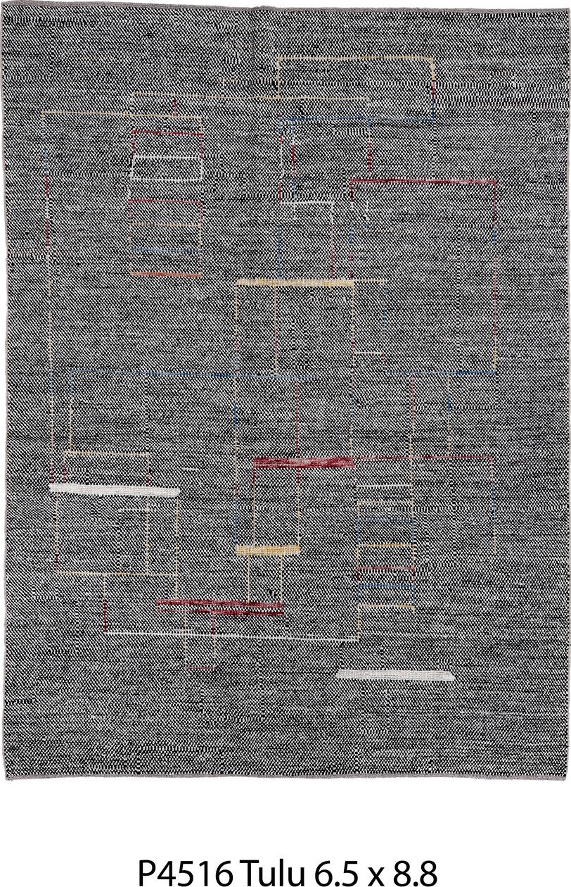 6' x 8' one-of-a-kind handmade vintage Tulu medium size rug. Color palette: black, blue, brown, charcoal, dark gray