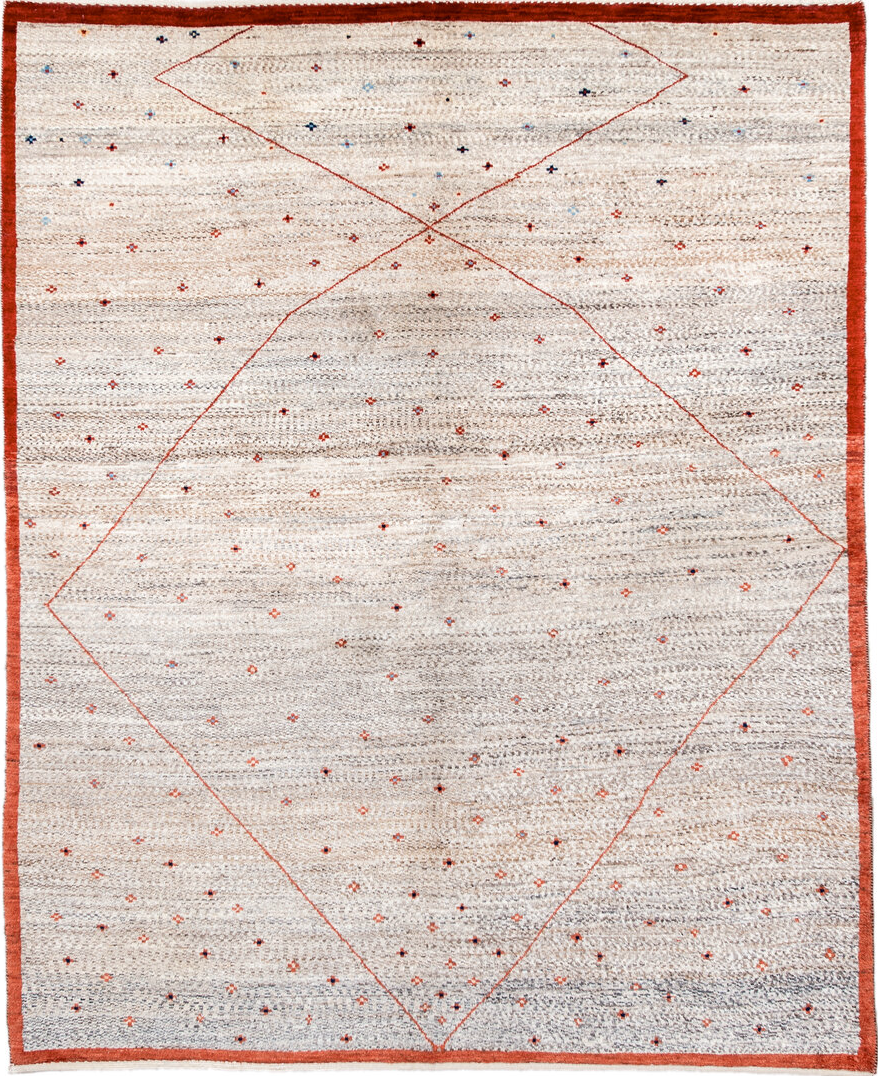 5' x 6' one-of-a-kind handmade vintage Gabbe rug. Color palette: antiquewhite, brown, dark gray, gainsboro, gray, light gray