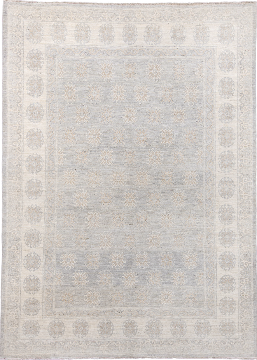 10' x 14' one-of-a-kind handmade vintage Khotan large size rug. Color palette: dark gray, gainsboro, gray, light gray