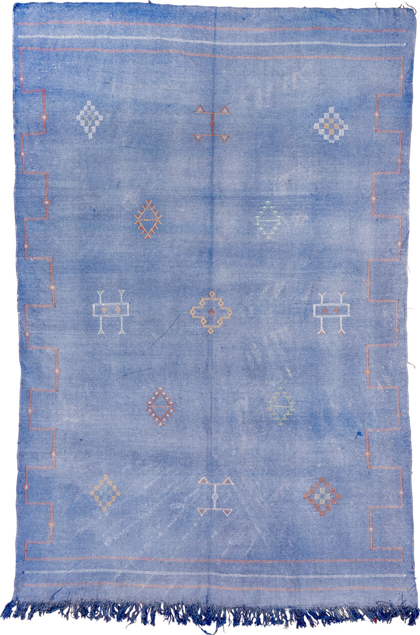 6' x 9' one-of-a-kind handmade vintage Cactus Kilim medium size rug. Color palette: blue, brown, gray, light blue