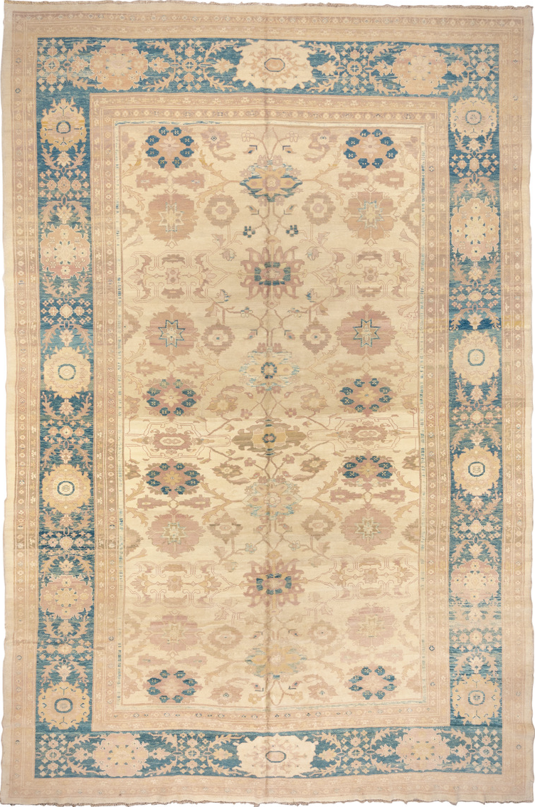 12' x 18' one-of-a-kind handmade vintage Sultanabad oversize rug. Color palette: bisque, blanched almond, brown, gray