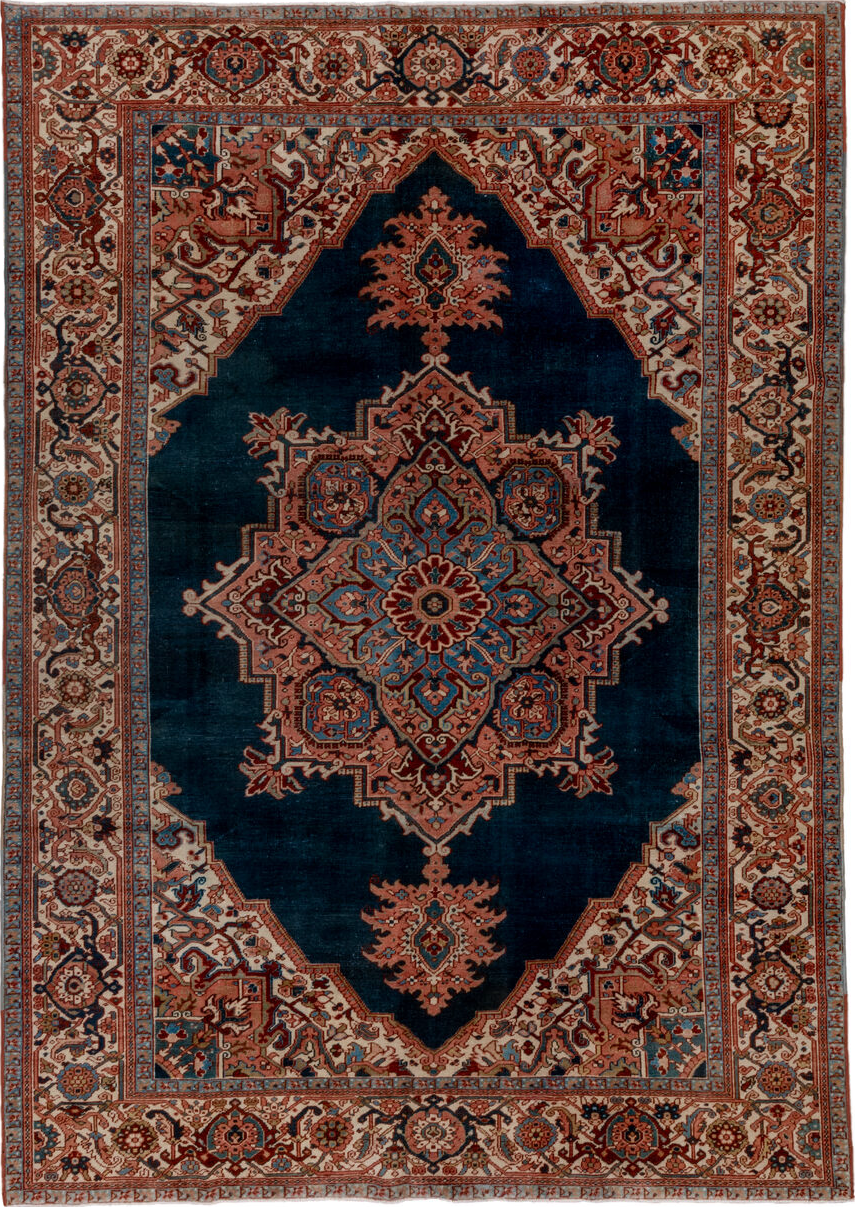 8' x 12' one-of-a-kind handmade vintage Heriz large size rug. Color palette: arapawa, black, blue, brown, gray, pink, red