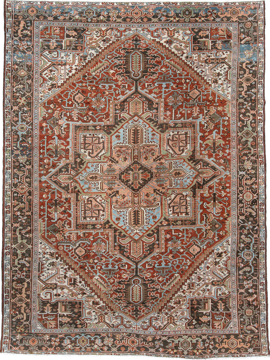 8' x 10' one-of-a-kind handmade vintage Karaje large size rug. Color palette: brown, gray, light gray, off-white, pink