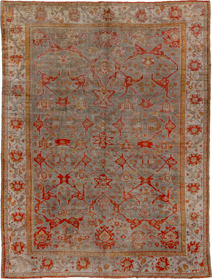 10' x 13' one-of-a-kind handmade vintage Oushak large size rug. Color palette: brown, gray, pink, red