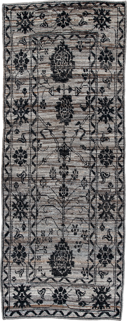3' x 8' one-of-a-kind handmade vintage Tulu runner rug. Color palette: black, blue, brown, charcoal, gainsboro, gray