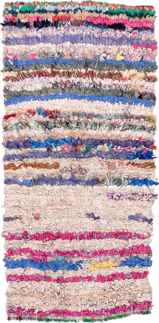 2' x 5' one-of-a-kind handmade vintage Rag Rug small size rug. Color palette: gray, blue, pink, brown, red, orange
