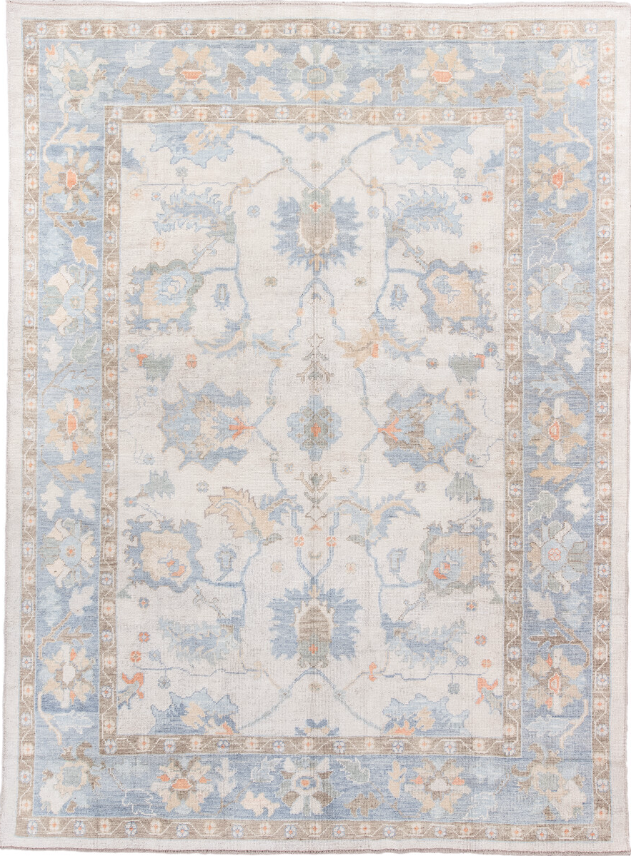 8' x 11' one-of-a-kind handmade vintage Oushak large size rug. Color palette: brown, dark gray, gainsboro, gray, light blue