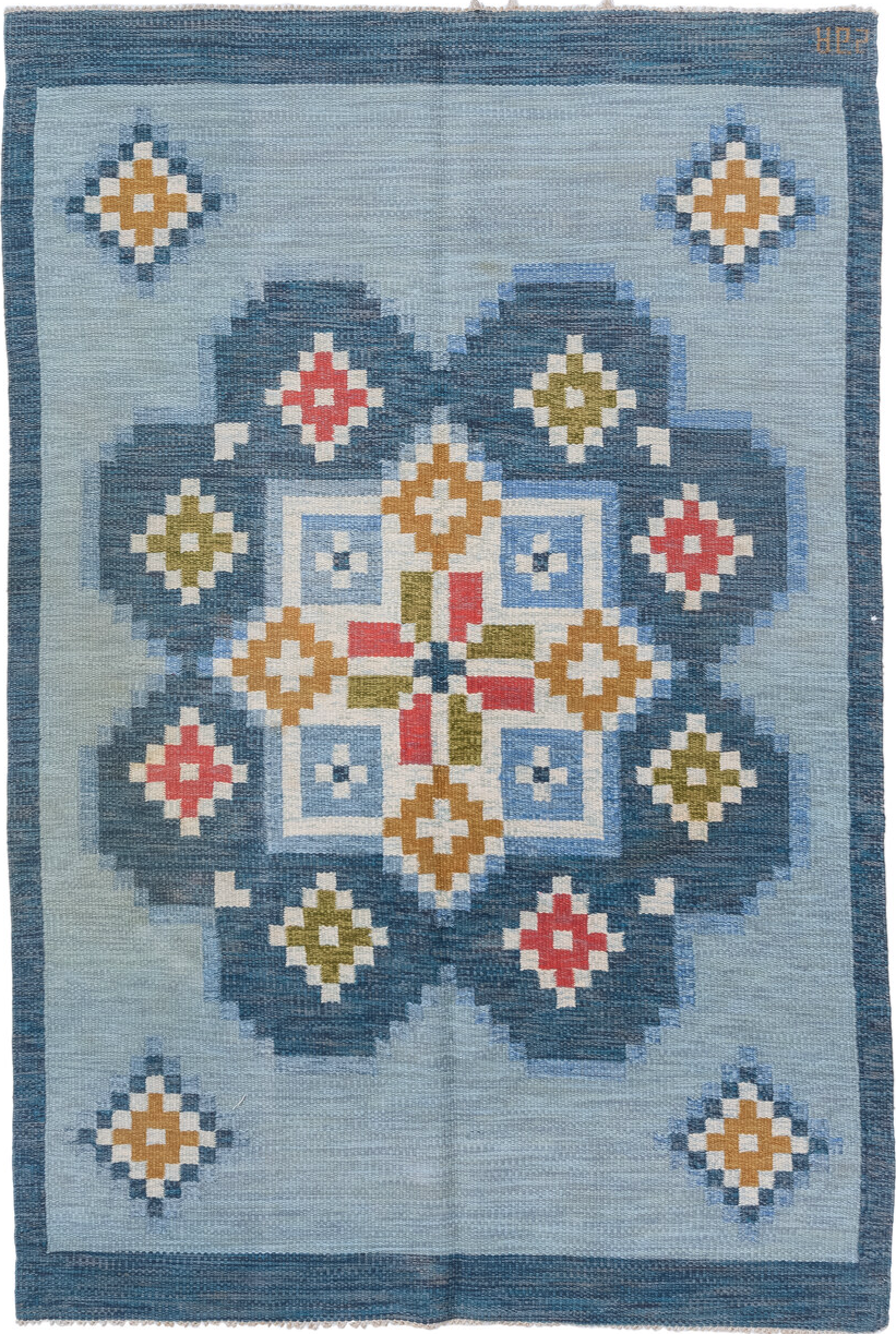5' x 8' one-of-a-kind handmade vintage Rollaken medium size rug. Color palette: blue, brown, dark gray, fiord, gainsboro
