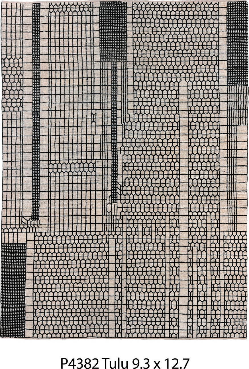 9' x 12' one-of-a-kind handmade vintage Tulu large size rug. Color palette: black, brown, charcoal, gainsboro, gray