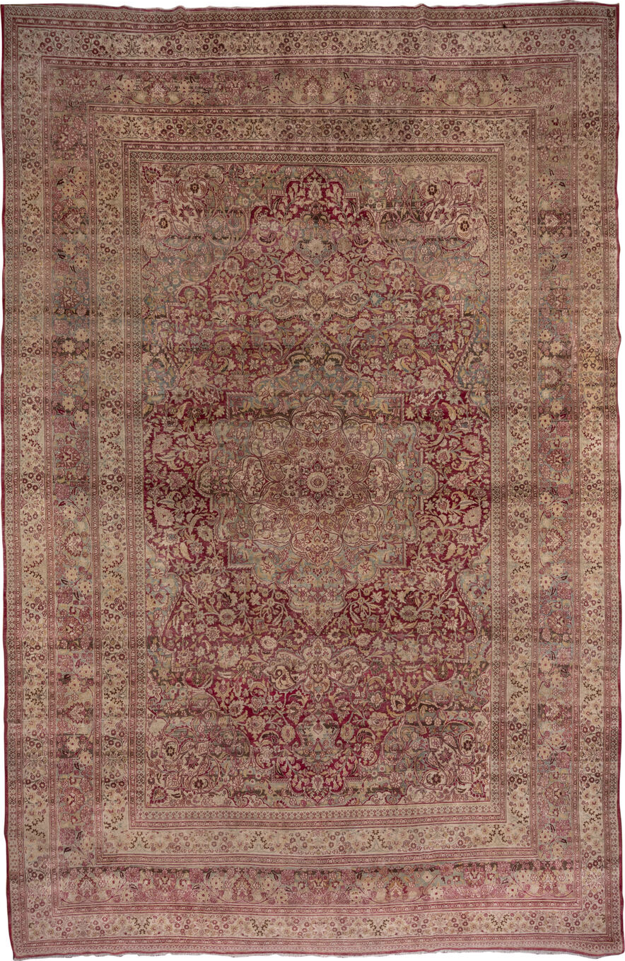 12' x 19' one-of-a-kind handmade vintage Khorassan oversize rug. Color palette: brown, gray, pink, red, redwood, wine