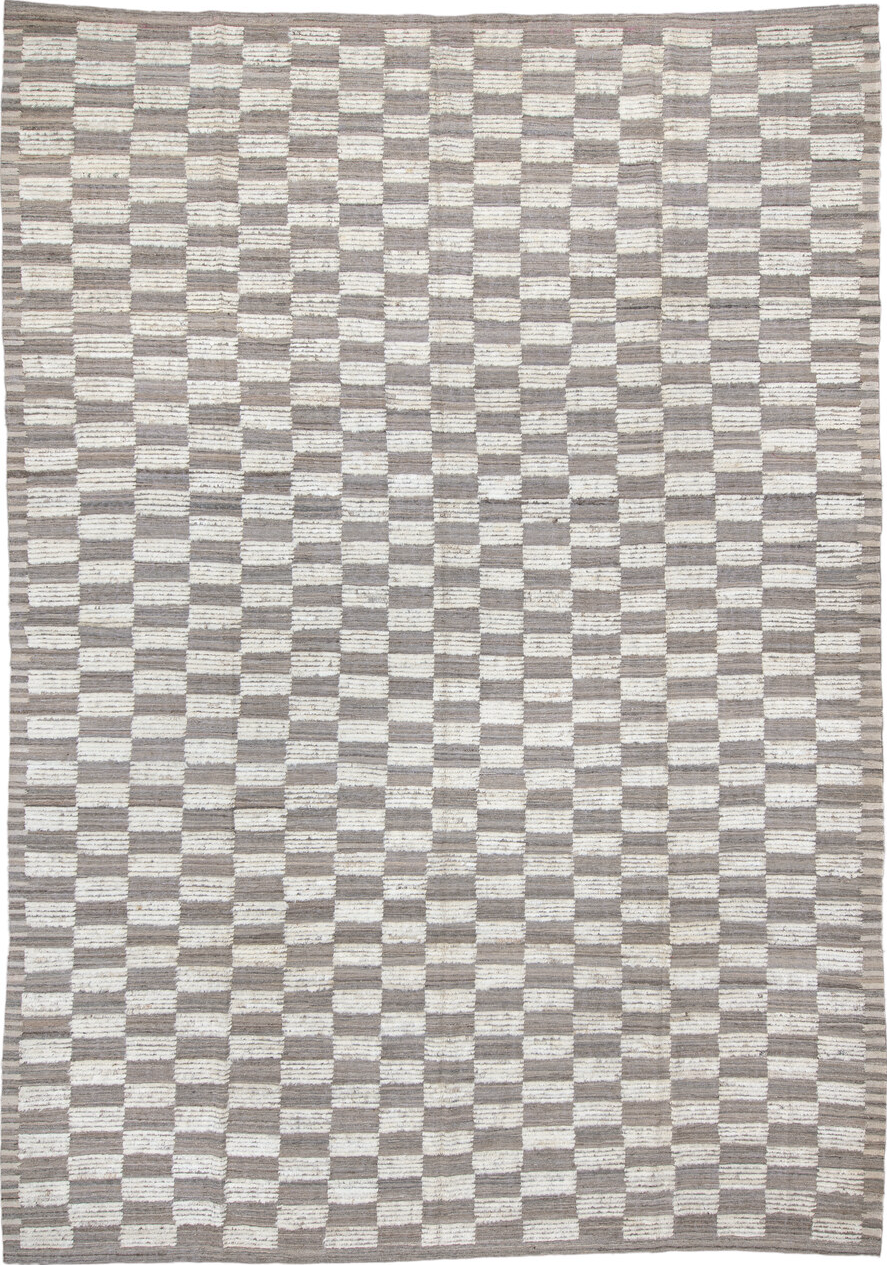 10' x 14' one-of-a-kind handmade vintage Tulu large size rug. Color palette: gray, light gray, off-white, dark gray