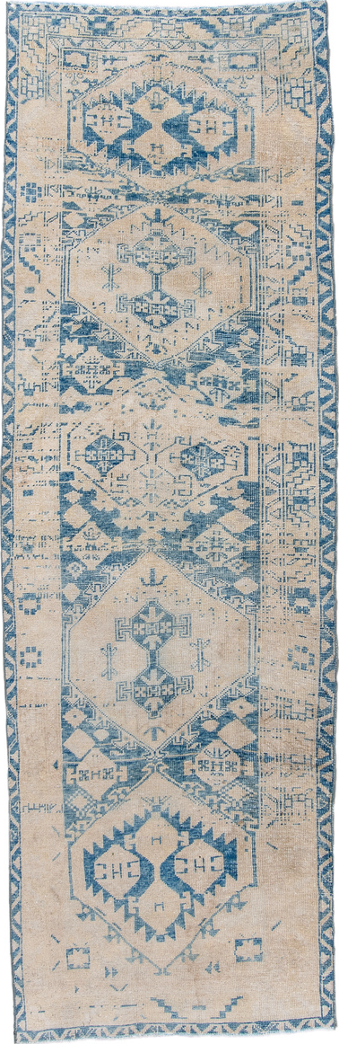 3' x 9' one-of-a-kind handmade vintage Heriz runner rug. Color palette: blue, dark gray, fiord, gainsboro, gray, light gray