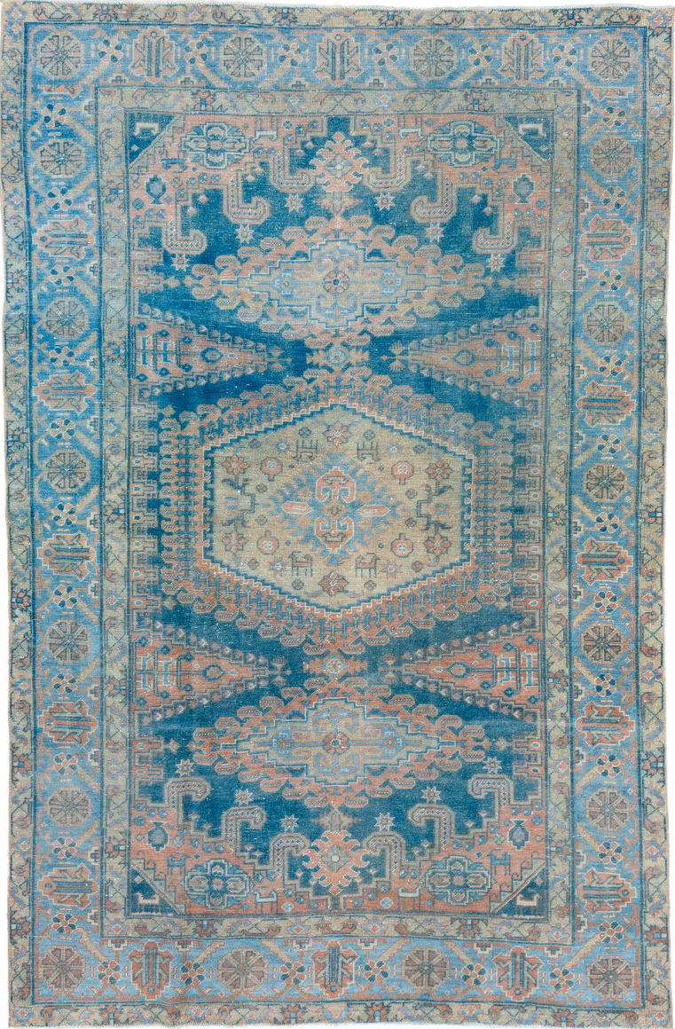 6' x 10' one-of-a-kind handmade vintage Veece large size rug. Color palette: blue, brown, gray, light blue, light gray