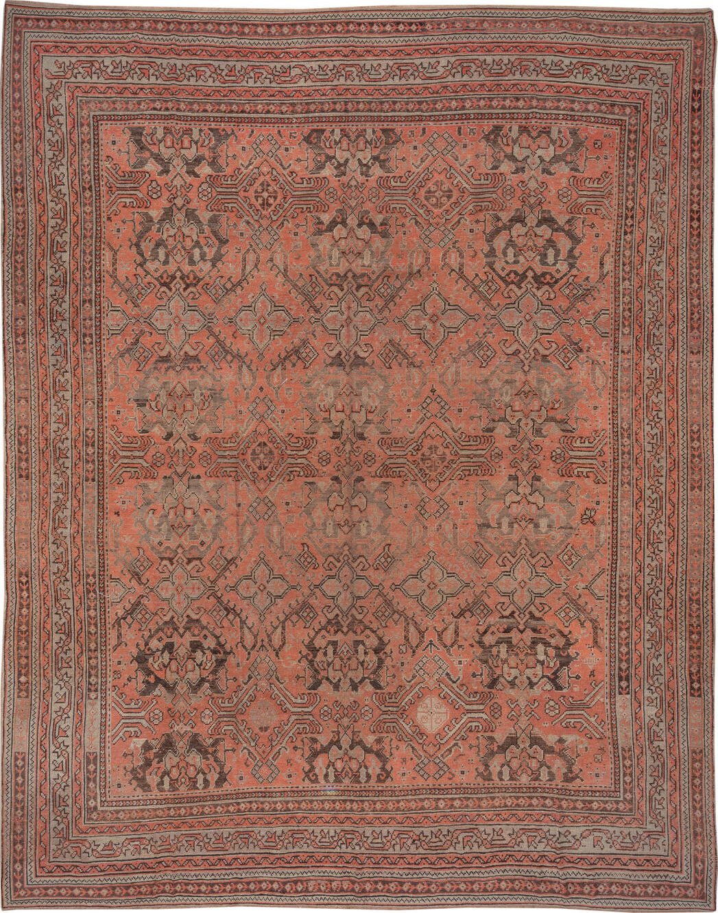 13' x 16' one-of-a-kind handmade vintage Oushak oversize rug. Color palette: brown, gray, pink, red, redwood