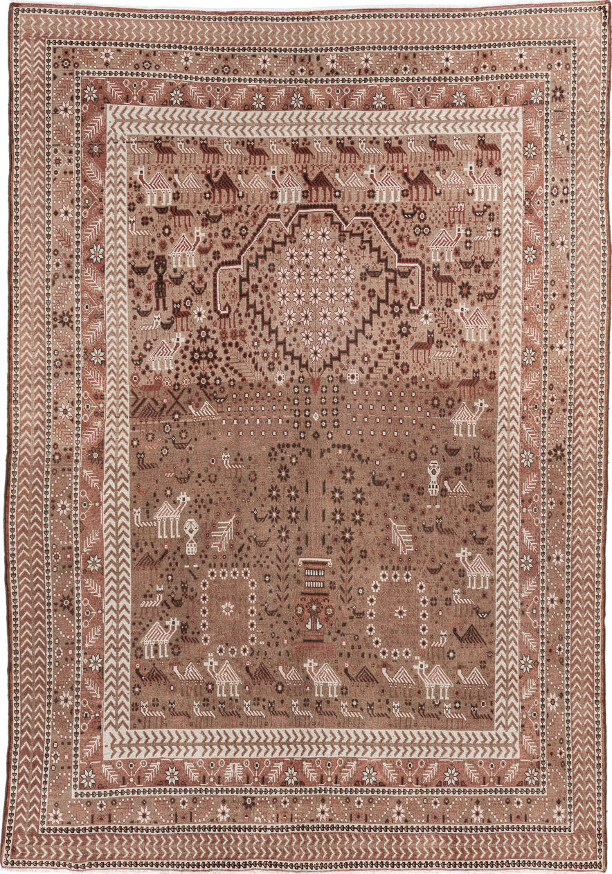 6' x 9' one-of-a-kind handmade vintage Sivas medium size rug. Color palette: brown, pink, off-white, gray, light gray
