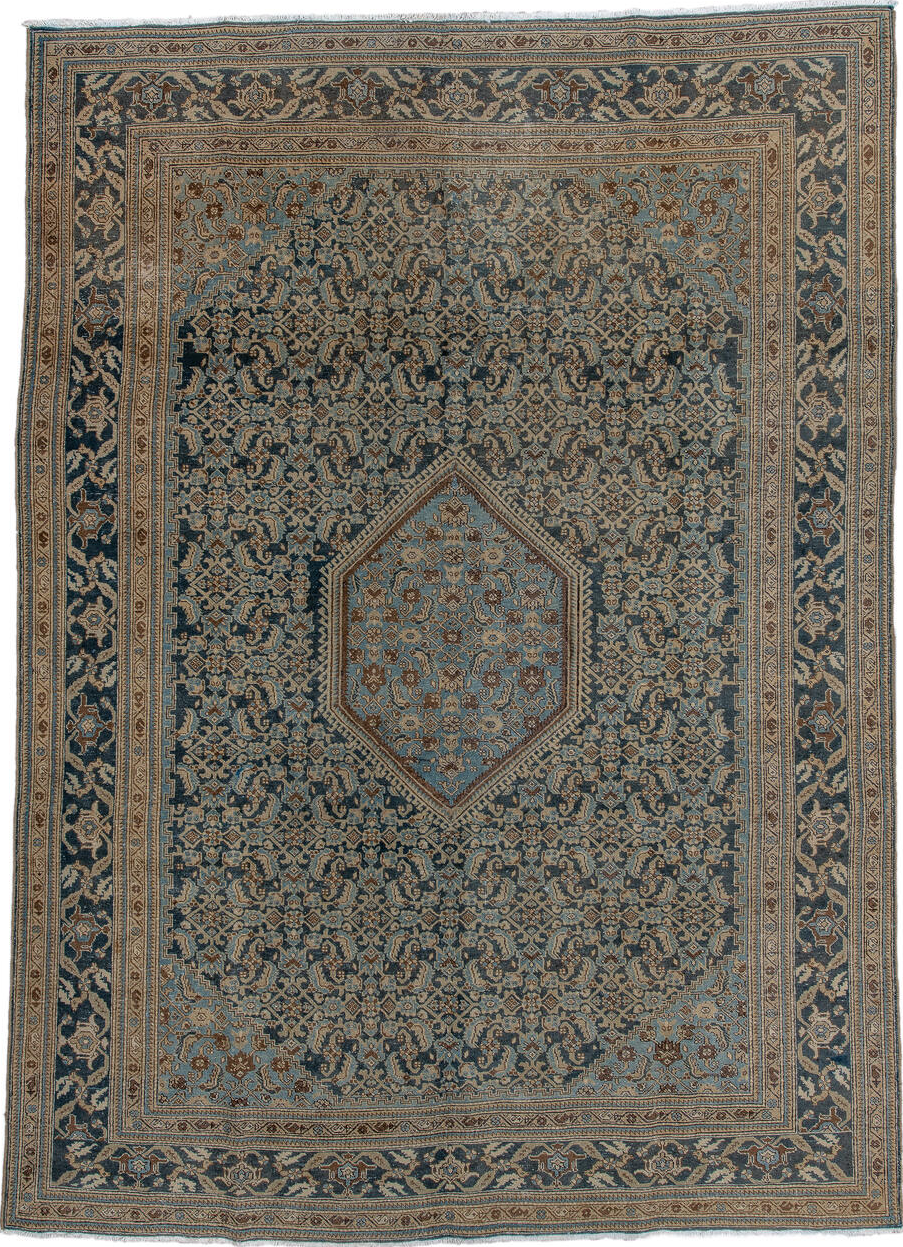 7' x 10' one-of-a-kind handmade vintage Tabriz large size rug. Color palette: black, blue, brown, gainsboro, gray