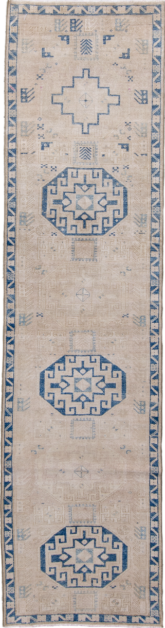 2' x 10' one-of-a-kind handmade vintage Sarab runner rug. Color palette: black, blue, gainsboro, gray, light gray, off-white