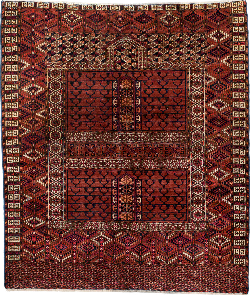 4' x 4' one-of-a-kind handmade vintage Torkaman small size rug. Color palette: antiquewhite, brown, gray, moccasin