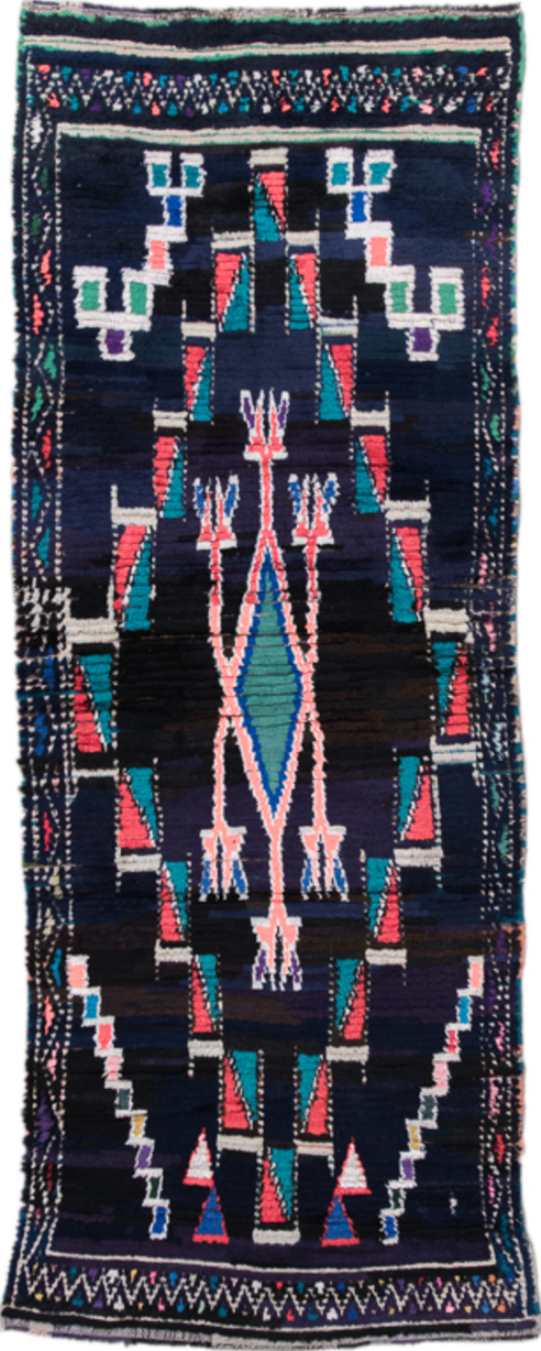 3' x 7' one-of-a-kind handmade vintage Moroccan runner rug. Color palette: black, blue, brown, dark slate gray, gray, green