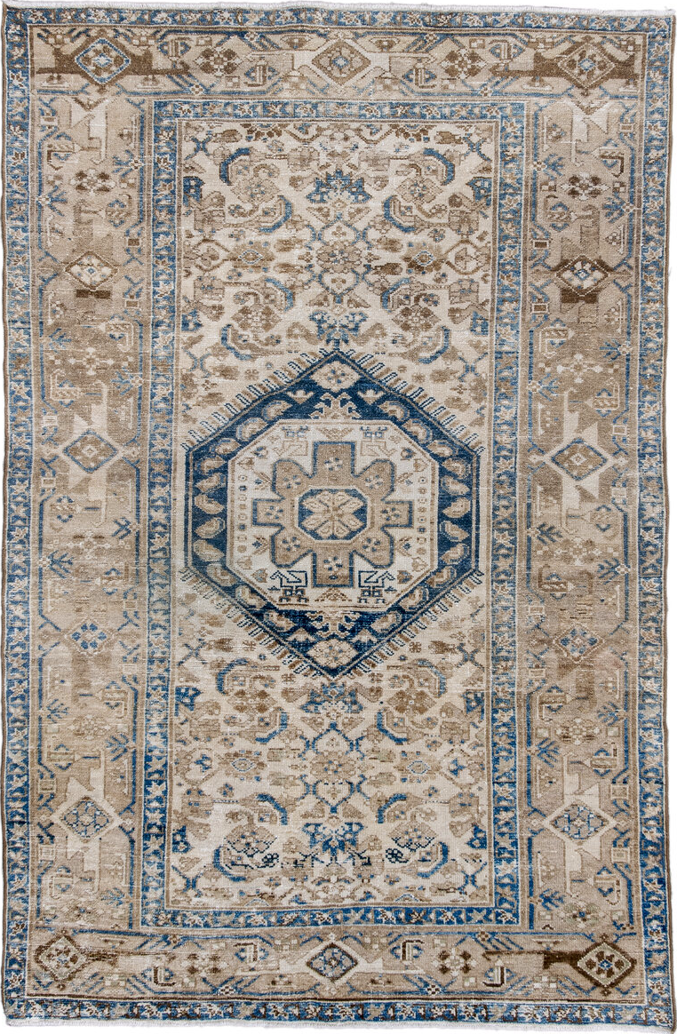 4' x 6' one-of-a-kind handmade vintage Hamadan small size rug. Color palette: gray, light gray, off-white, blue, brown