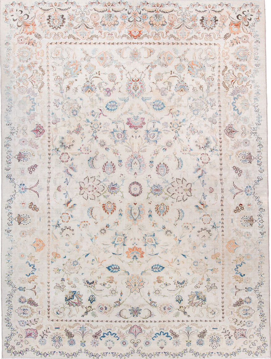 8' x 11' one-of-a-kind handmade vintage  large size rug. Color palette: brown, gainsboro, gray, light gray, linen, off-white