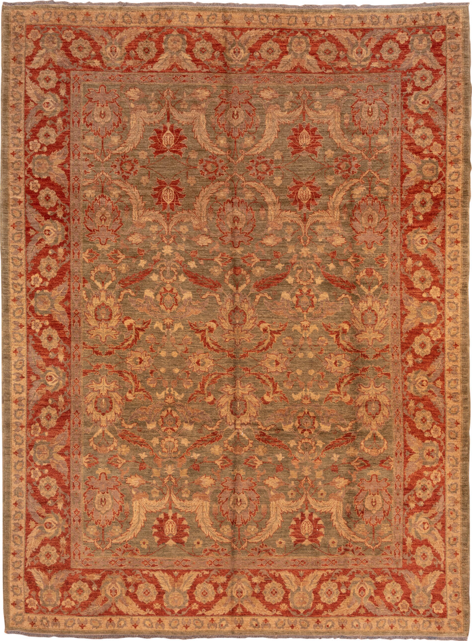 9' x 13' one-of-a-kind handmade vintage Sultanabad large size rug. Color palette: brown, gray, orange, pink, red, sienna