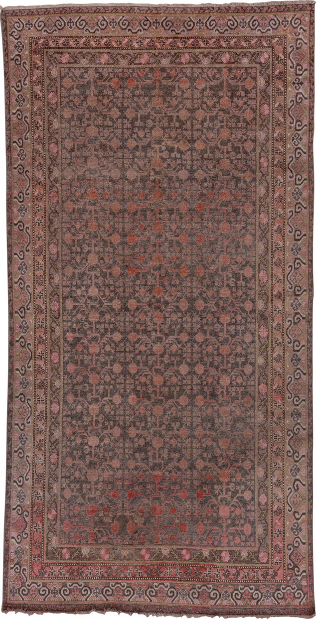 6' x 12' one-of-a-kind handmade vintage Khotan large size rug. Color palette: brown, gray, light gray, pink, red, rosy brown