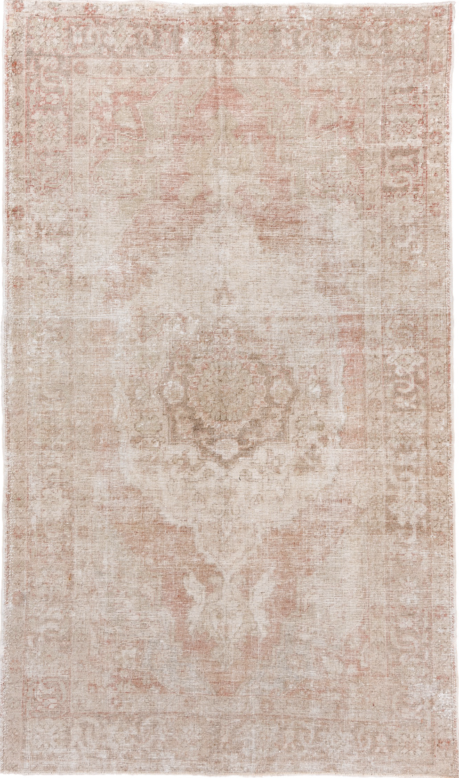 6' x 10' one-of-a-kind handmade vintage Oushak large size rug. Color palette: gray, light gray, linen, off-white, pink