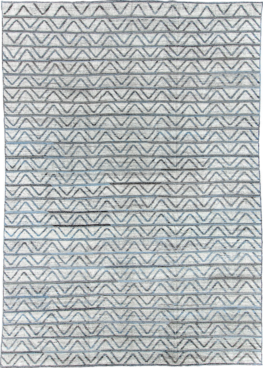 9' x 13' one-of-a-kind handmade vintage Tulu large size rug. Color palette: black, blue, charcoal, dark gray, dim gray