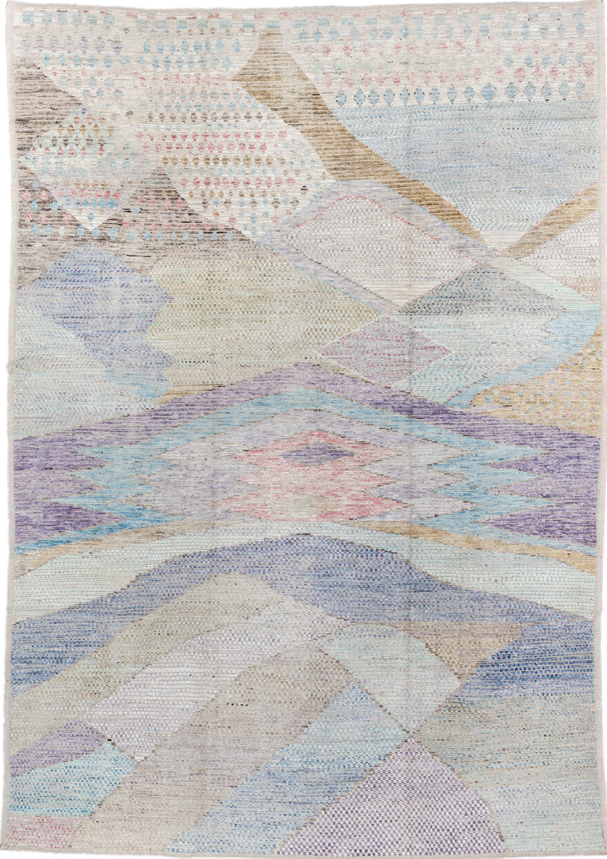 9' x 14' one-of-a-kind handmade vintage Tulu large size rug. Color palette: off-white, gray, light gray, pink, blue